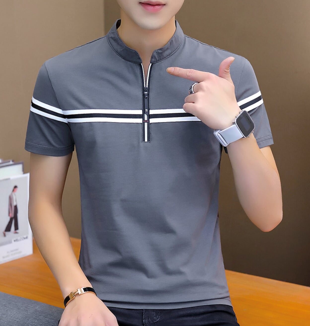 Mens Striped Stand Collar Polo Shirt