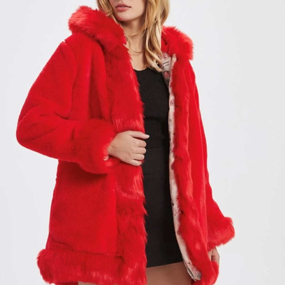 Womens Hooded Faux Fur Collar Coat