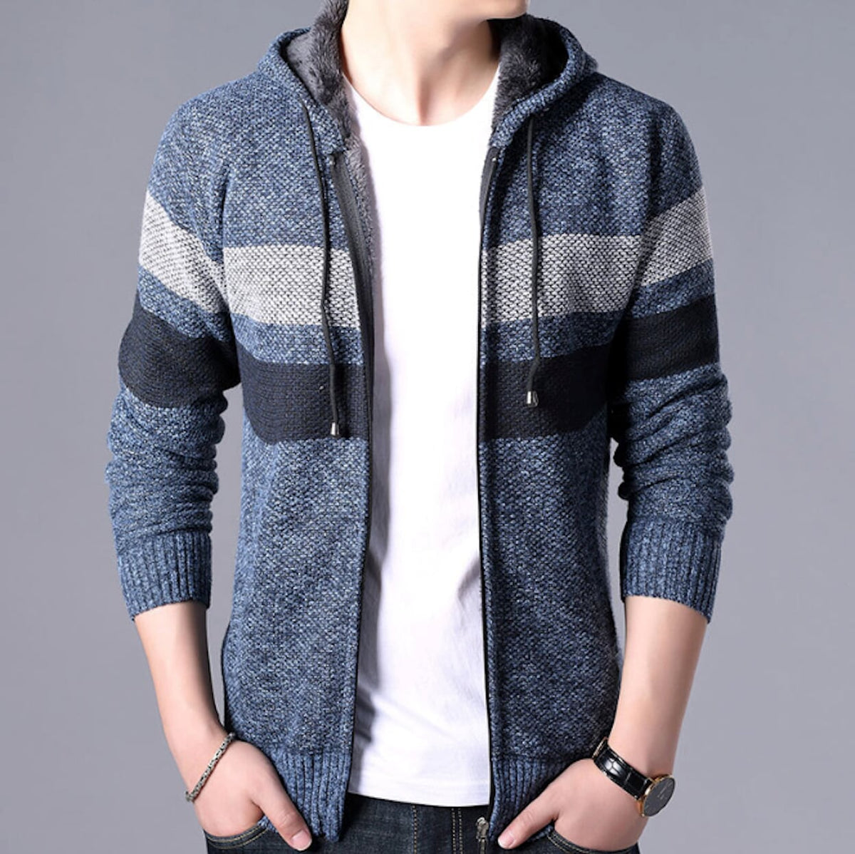 Mens Striped Knit Cardigan with Hood in Red