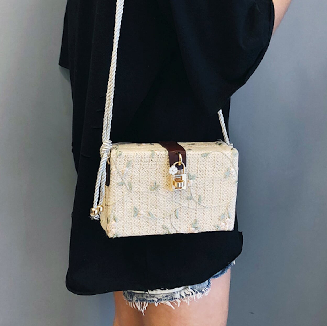 Floral Straw Box Clutch Shoulder Bag