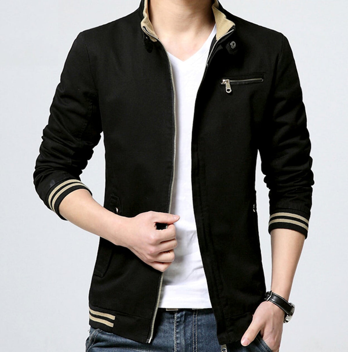 Mens Black Stand Collar Zipper Jacket