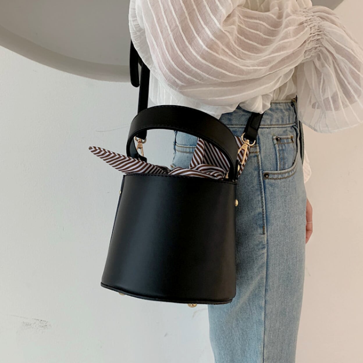 Bucket Bag with Striped Inner
