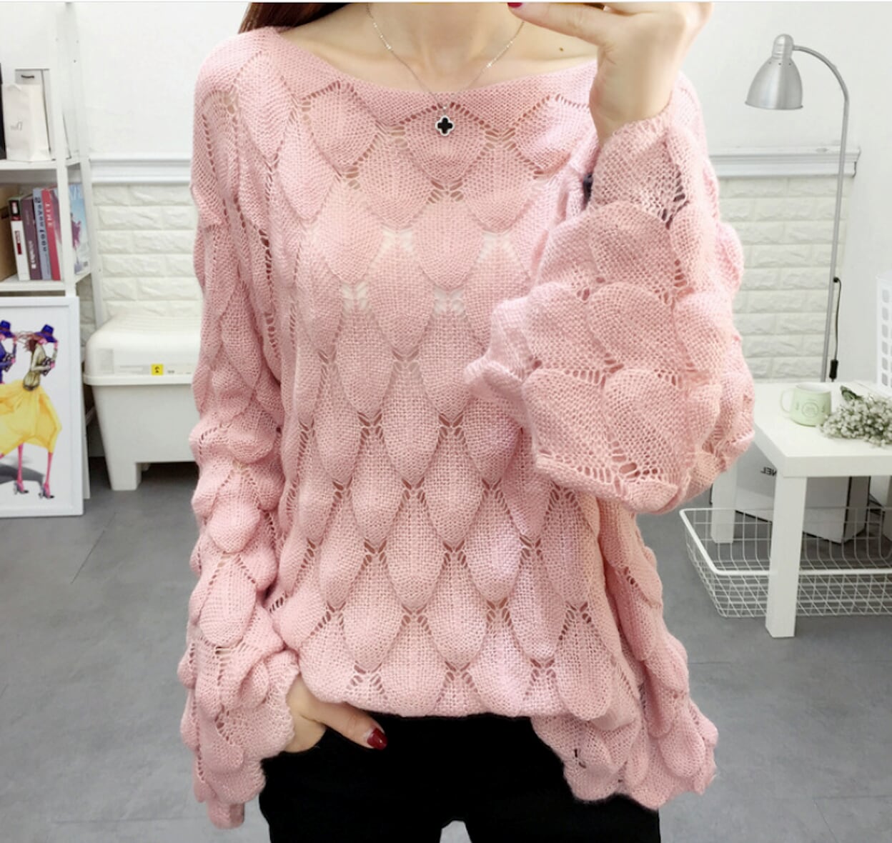 Womens Open Knit Bell Sleeve Top