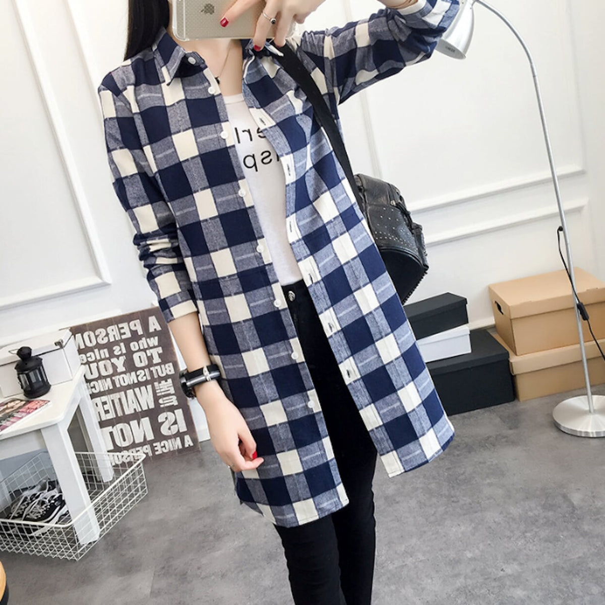 Womens Mid Length Plaid Shirt With Pockets
