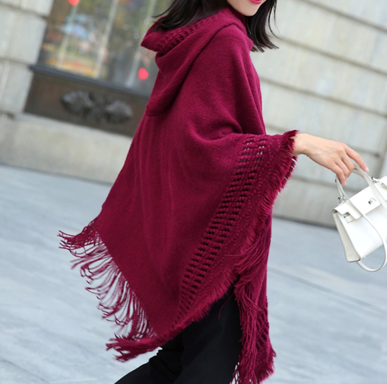 Womens Hooded Poncho with Fringe
