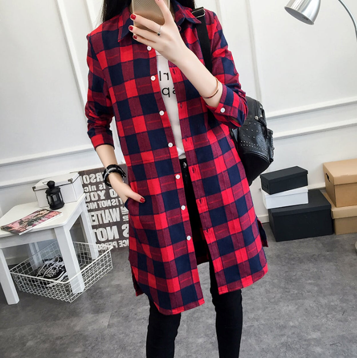 Womens Mid Length Plaid Shirt With Pockets