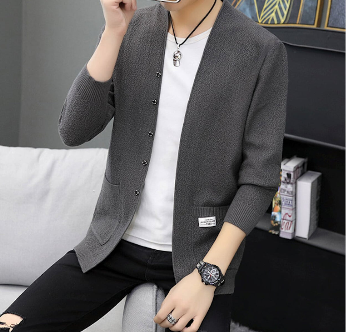 Mens Snap Buttons Cardigan with Pockets