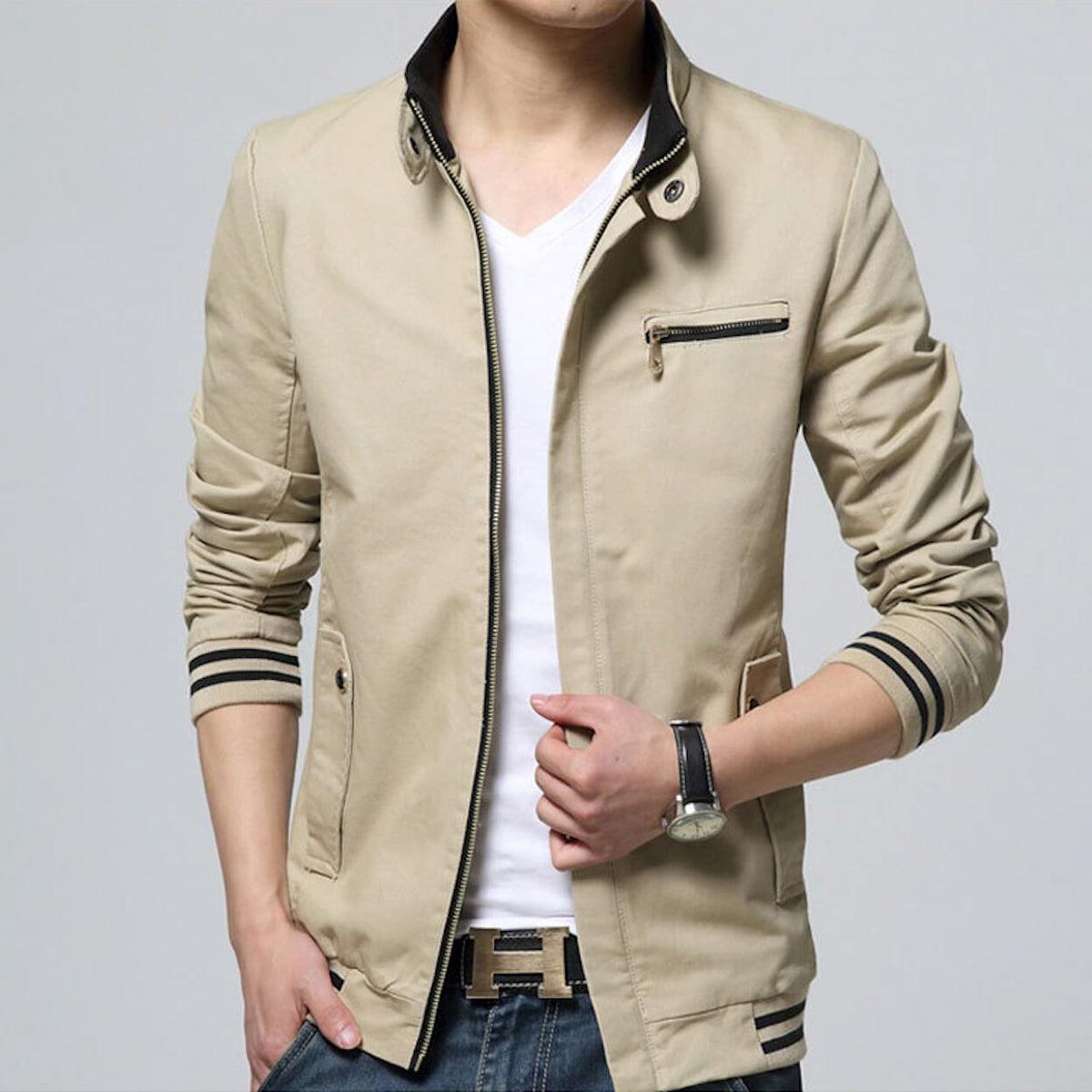 Mens Black Stand Collar Zipper Jacket