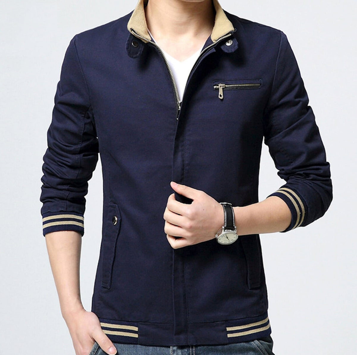 Mens Black Stand Collar Zipper Jacket