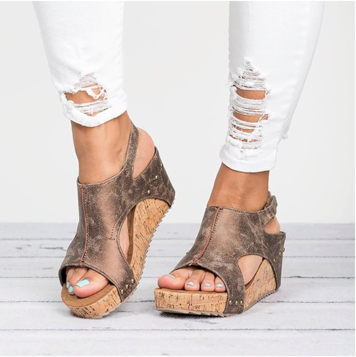 Womens Vegan Leather Cork Wedge Sandals