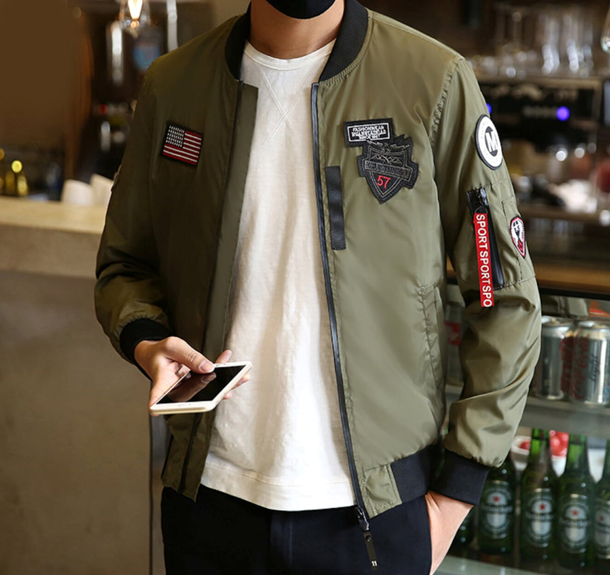 Mens Bomber Jacket with Zipper Tag