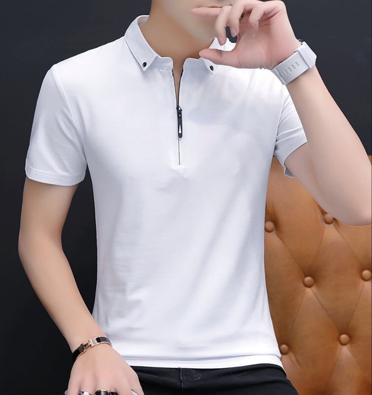 Mens Half Zip Polo Shirt with Collar Details