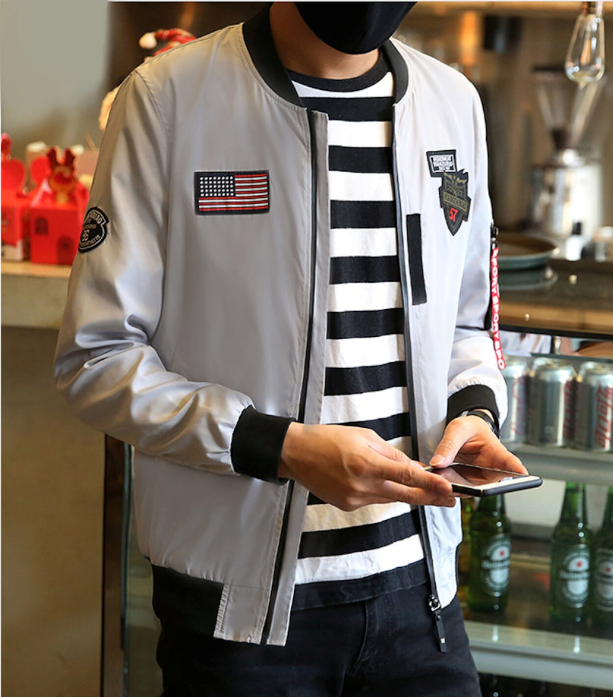 Mens Bomber Jacket with Zipper Tag
