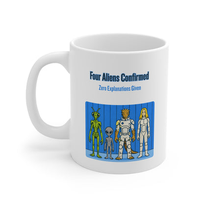"Four Aliens Confirmed" Sci‑Fi Character Mug