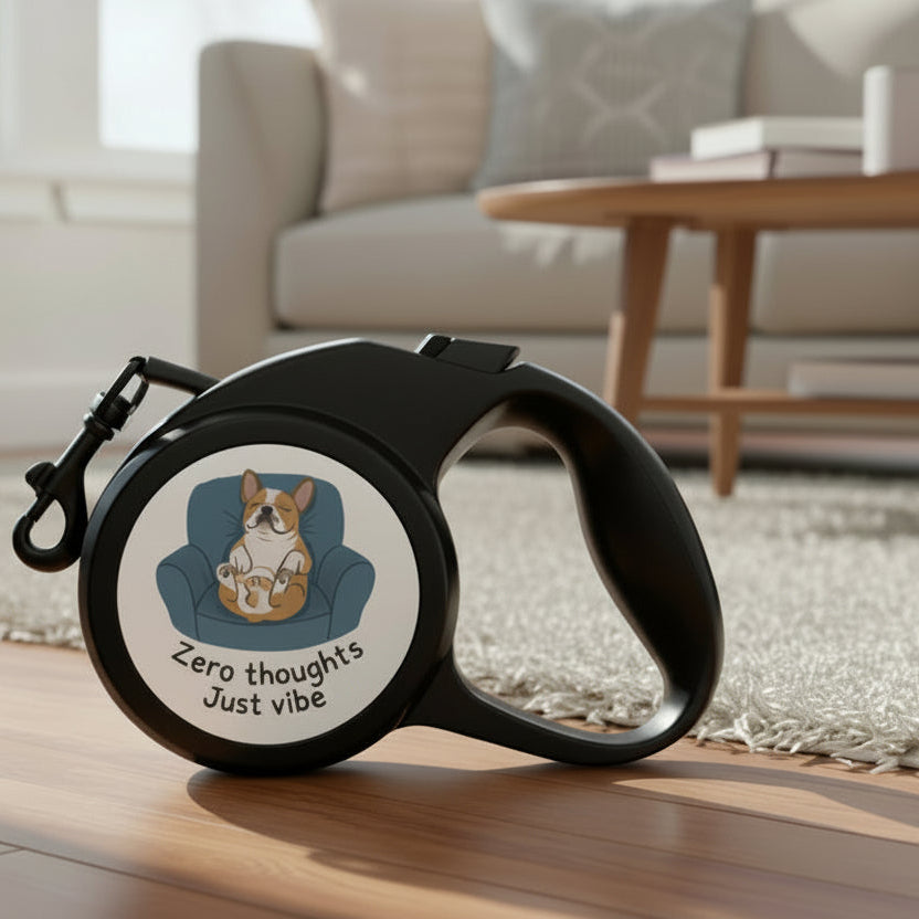 A black retractable dog leash with a circular white face featuring a cartoon French bulldog sitting in a blue armchair and the text 'Zero thoughts Just vibe'. The leash has a black handle and a black metal clasp, shown on a clean white background.