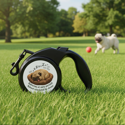 A black retractable pet leash with a circular dial showing a sleeping pug on a brown bed and humorous text, set against a plain white background.