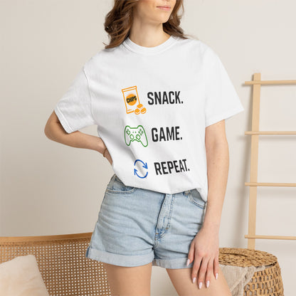 "Snack. Game. Repeat." Graphic Tee for Gamers