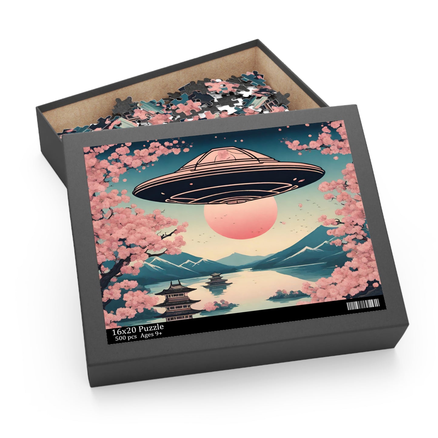 Vintage Cherry Blossoms & UFO Art Jigsaw Puzzle 500-Piece
