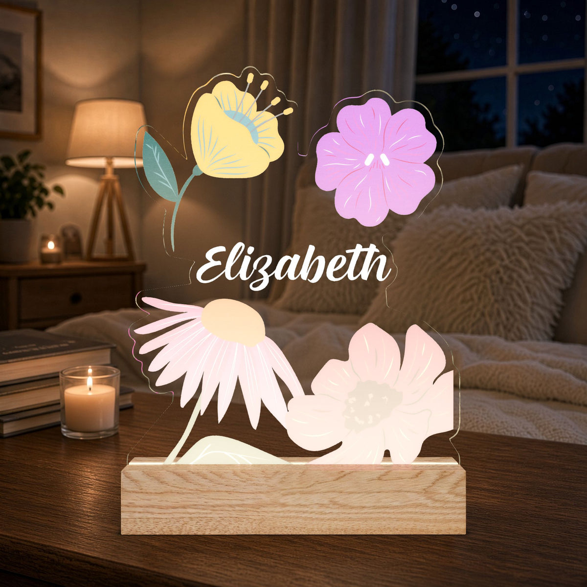 Custom Floral Night Light — Personalized Lamp with Name
