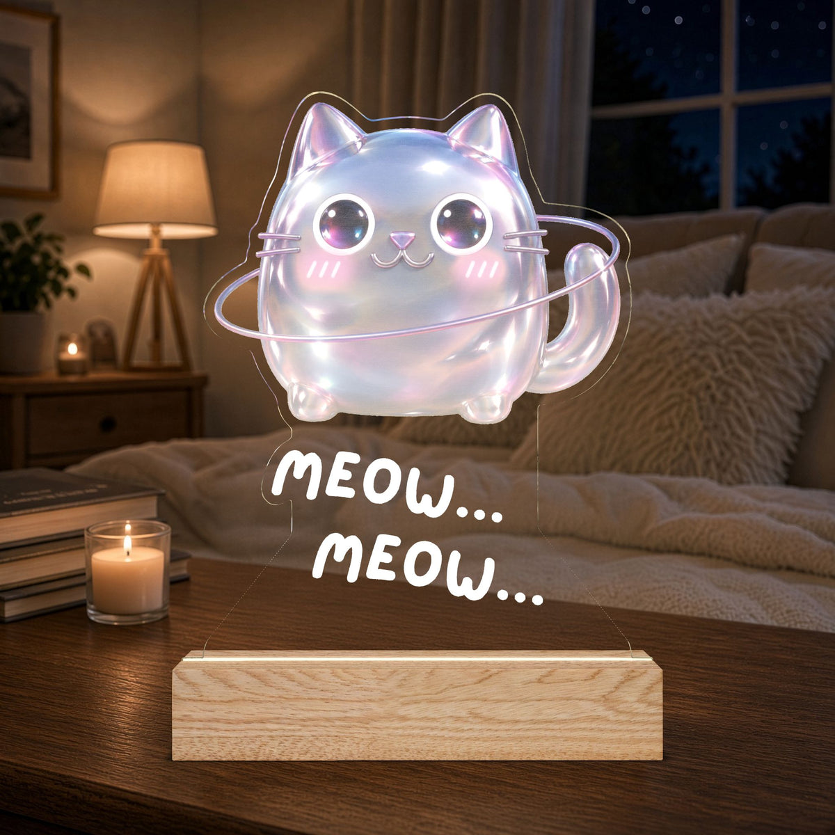 Kawaii Cat Acrylic Night Light — Galactic Cat Shaped LED Lamp (Meow)