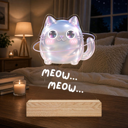 Kawaii Cat Acrylic Night Light — Galactic Cat Shaped LED Lamp (Meow)
