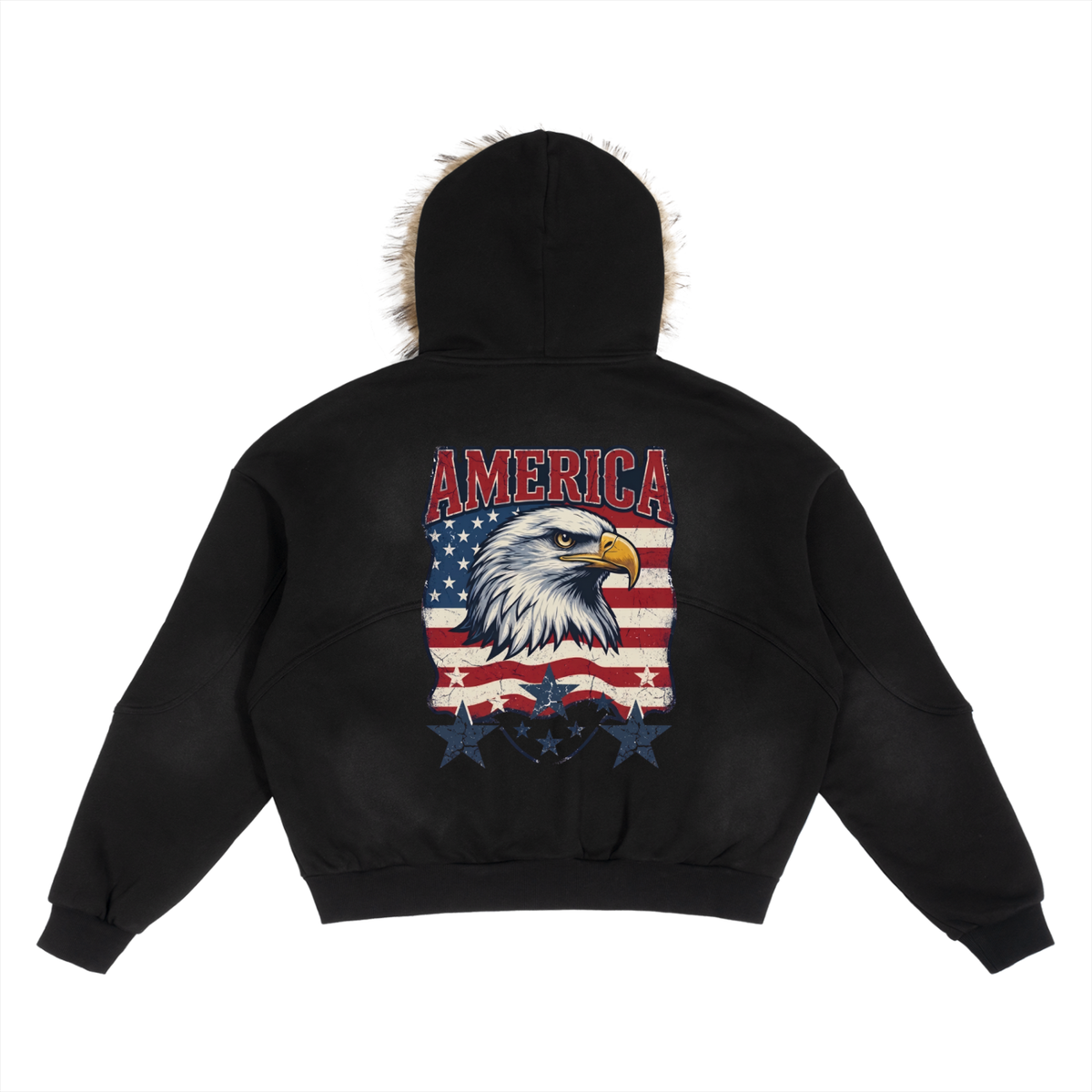 Black cropped hoodie with a faux-fur trimmed hood, shown from the back. The back features a large graphic of a bald eagle head over an American flag pattern with the word 'AMERICA' in red above it.