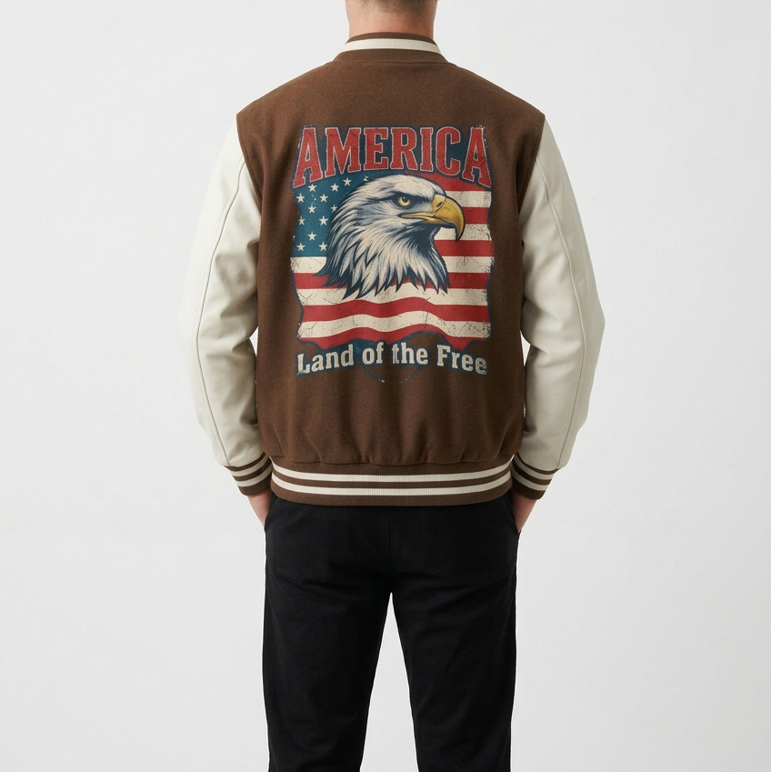 Eagle Theme Two-Tone Unisex Fleeced Varsity Jacket