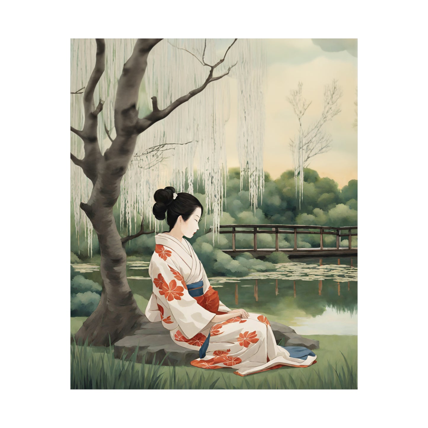 Geisha's Tranquil Waterside Reverie Art Poster