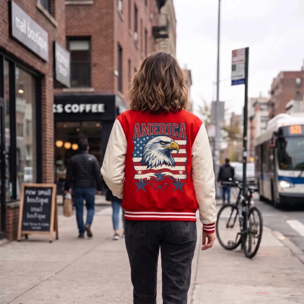 A person viewed from behind wearing a red and cream varsity jacket with a large American flag and bald eagle graphic on the back, standing on a city sidewalk with a bus, bike, and storefronts in the background.