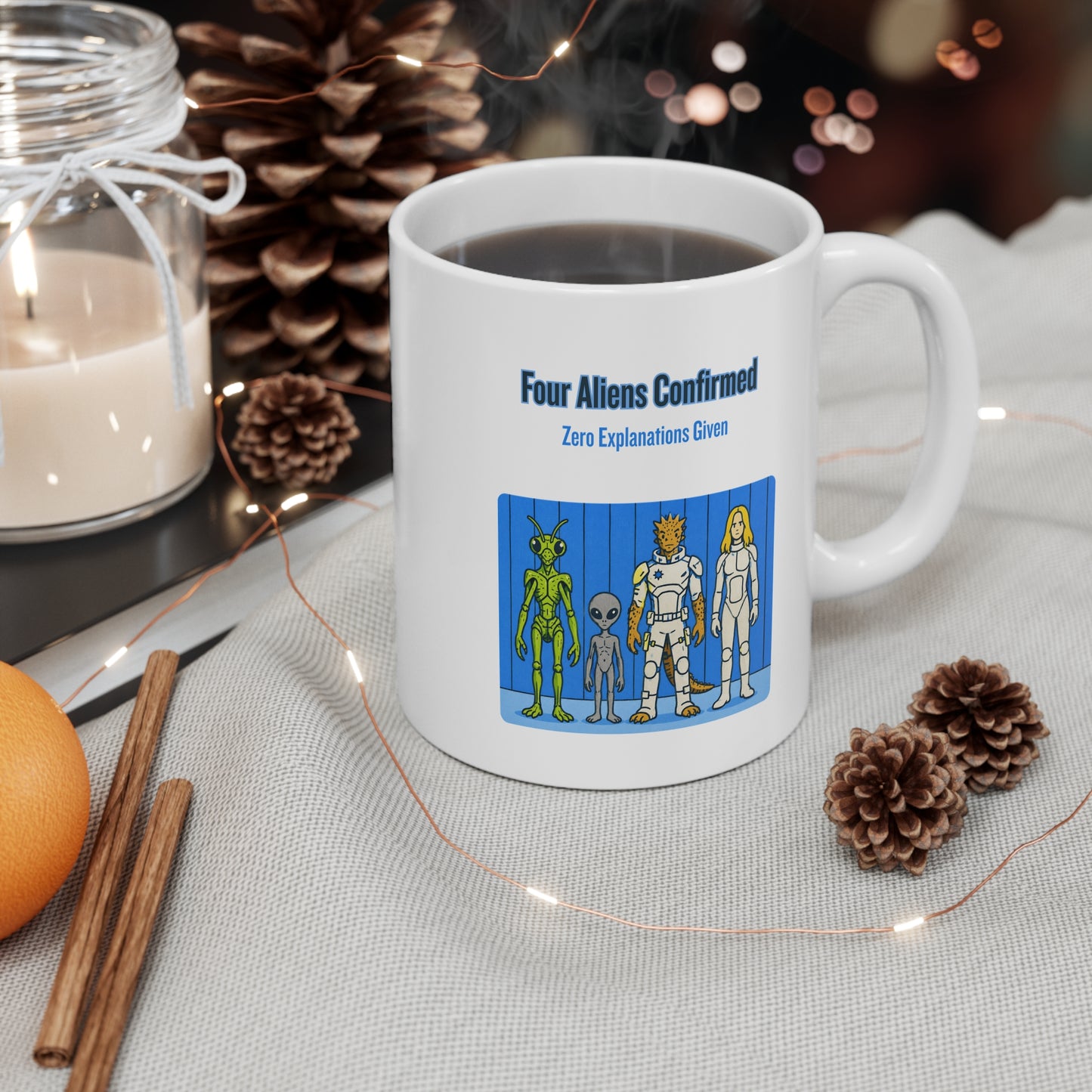 "Four Aliens Confirmed" Sci‑Fi Character Mug