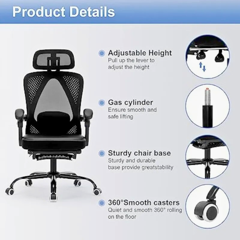 Ergo Reclining Mesh Chair with Headrest and Footrest