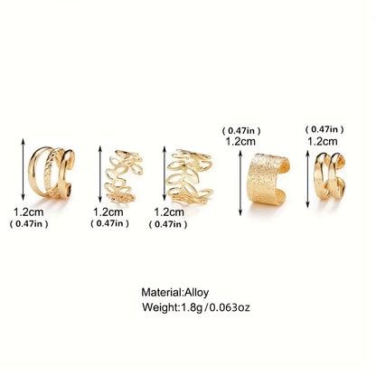5-Piece Leaf Ear Cuff Set for Women (2 Sets) Gold & Silver  | Adjustable No-Piercing Ear Wraps |