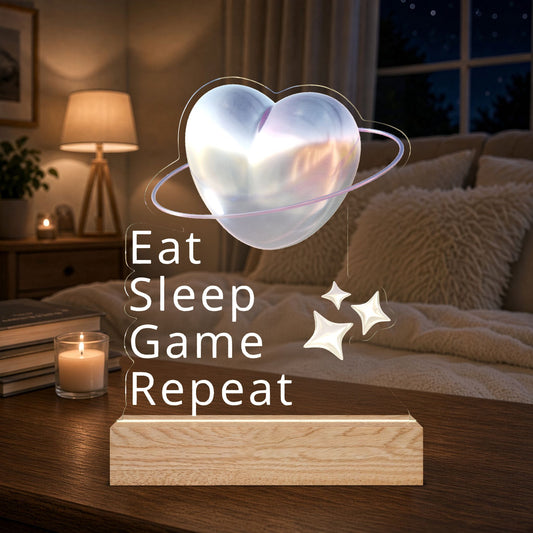 Eat Sleep Game Repeat LED Night Light — Heart Planet Acrylic Lamp