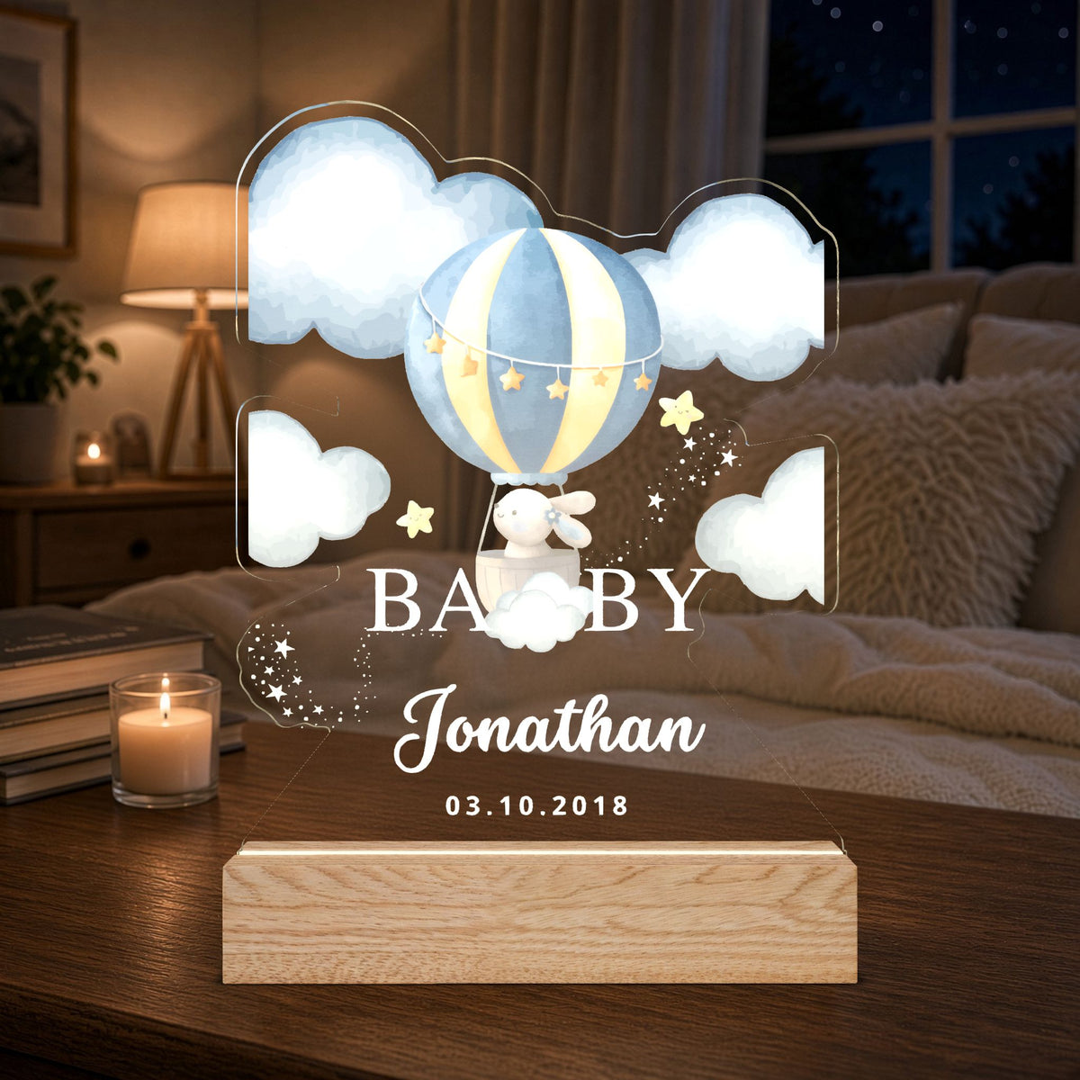 Personalized Baby Night Light — Custom Name & Date Hot Air Balloon LED Lamp