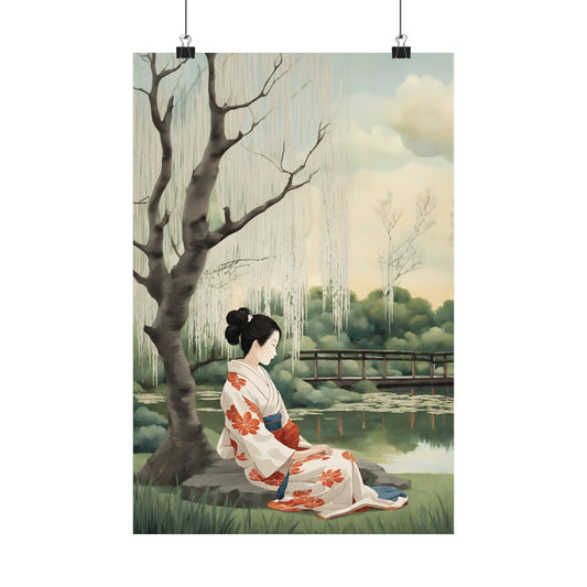 Geisha's Tranquil Waterside Reverie Art Poster