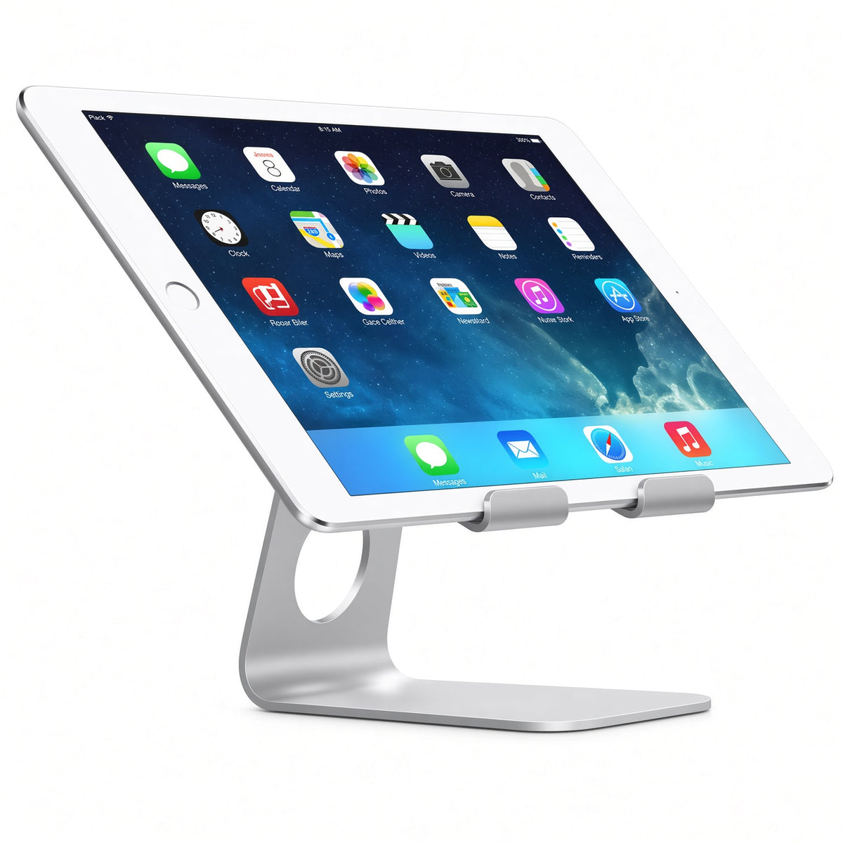 A silver tablet stand holding an iPad at an angle, shown against a plain white background.