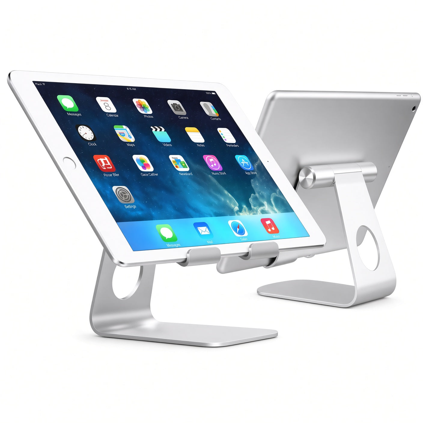 A silver tablet stand holding an iPad in landscape orientation, with a second view of the stand shown behind it on a clean white background.