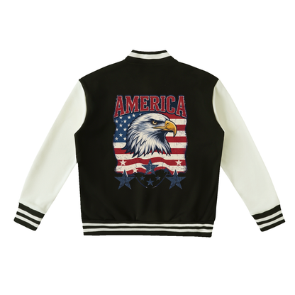 A black and white varsity jacket shown from the back, featuring a large graphic print of an eagle head over an American flag with the word 'AMERICA' in red letters above it.