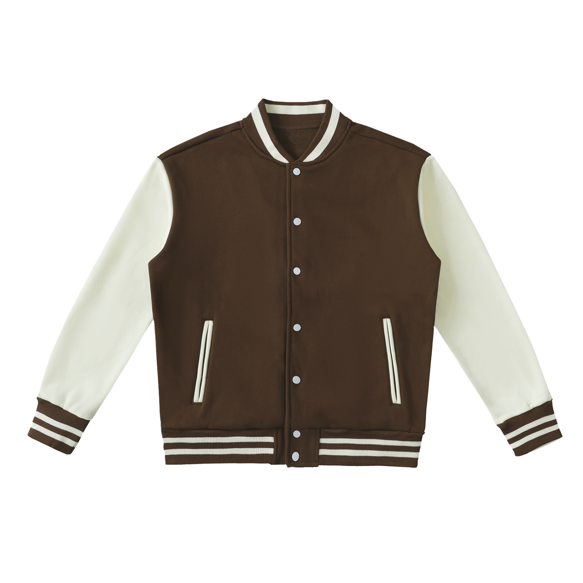 Brown and white varsity jacket on a white background