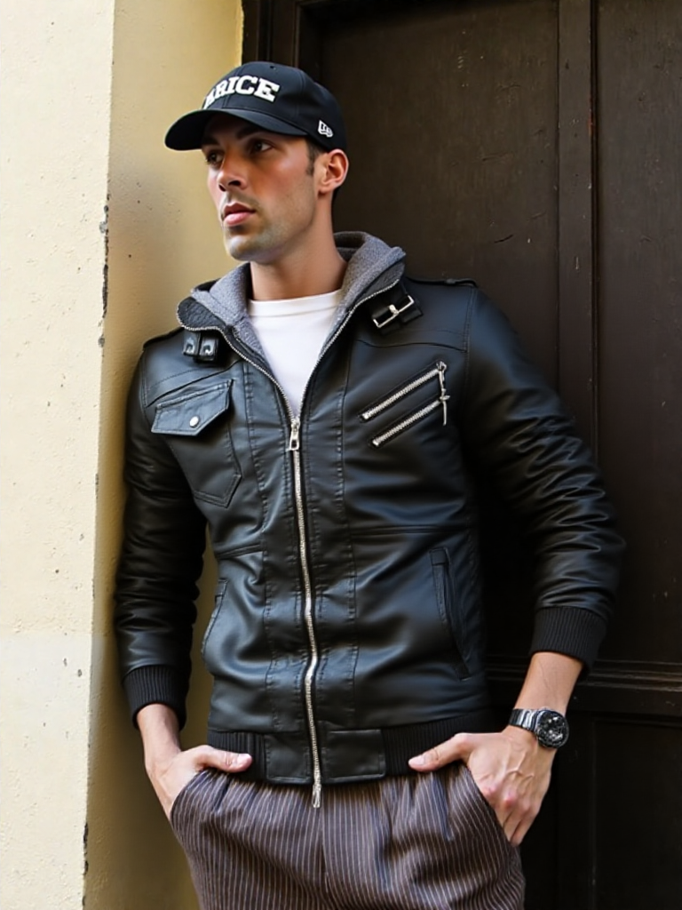 Mens Hooded Faux Leather Biker Jacket