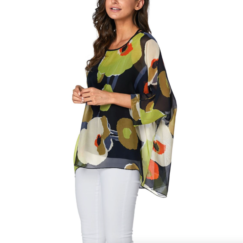 Womens Blossom Flowers Batwing Chiffon Top