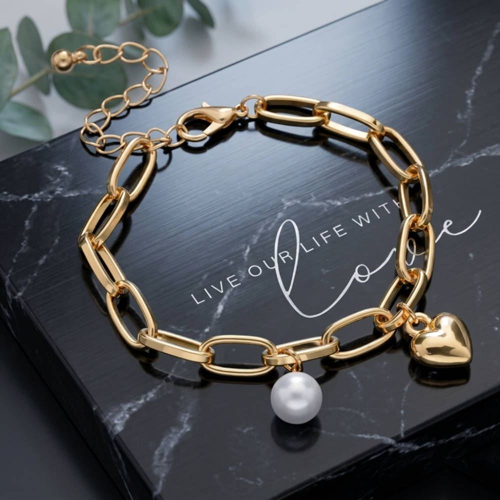 Womens Oval Link Bracelet With Heart Charm and Faux Pearl