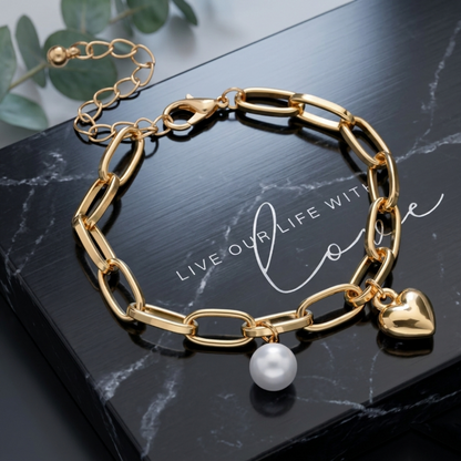Womens Oval Link Bracelet With Heart Charm and Faux Pearl