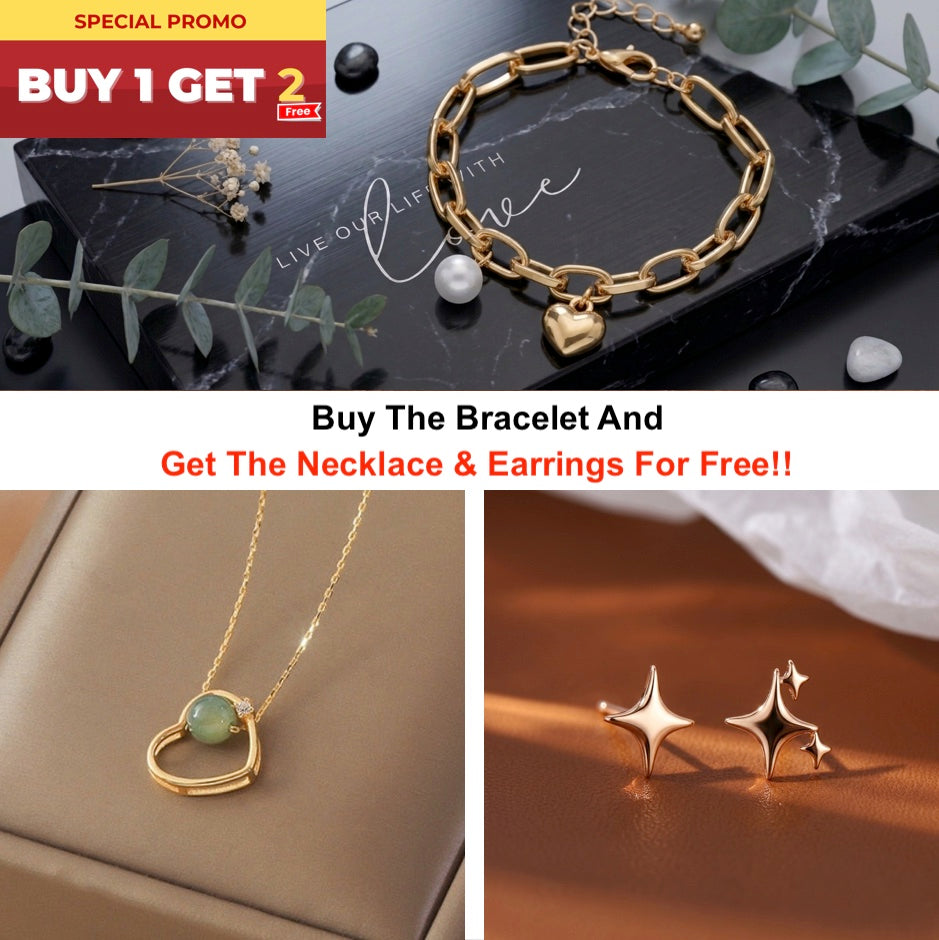 Womens Oval Link Bracelet With Heart Charm and Faux Pearl