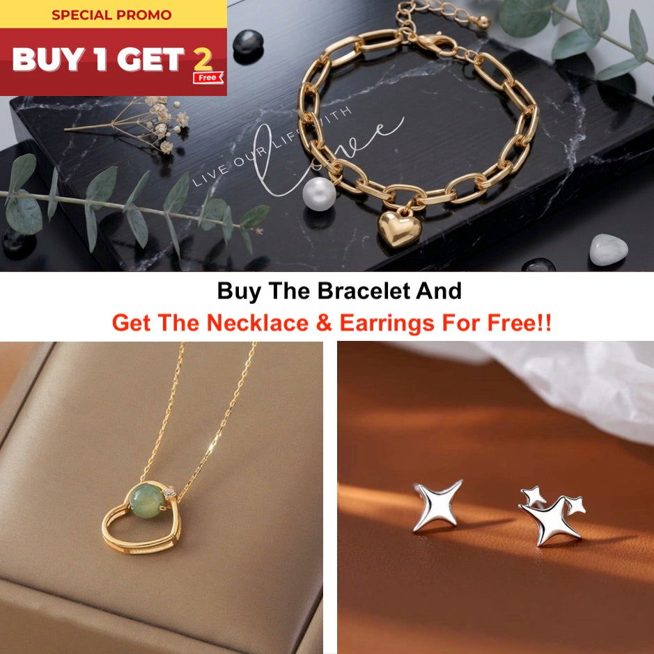 Womens Oval Link Bracelet With Heart Charm and Faux Pearl