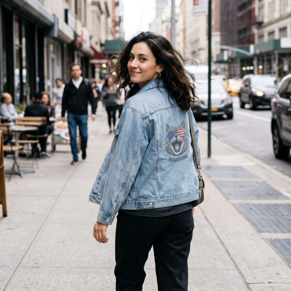 Cat Roarsome Vintage Wash Denim Jacket