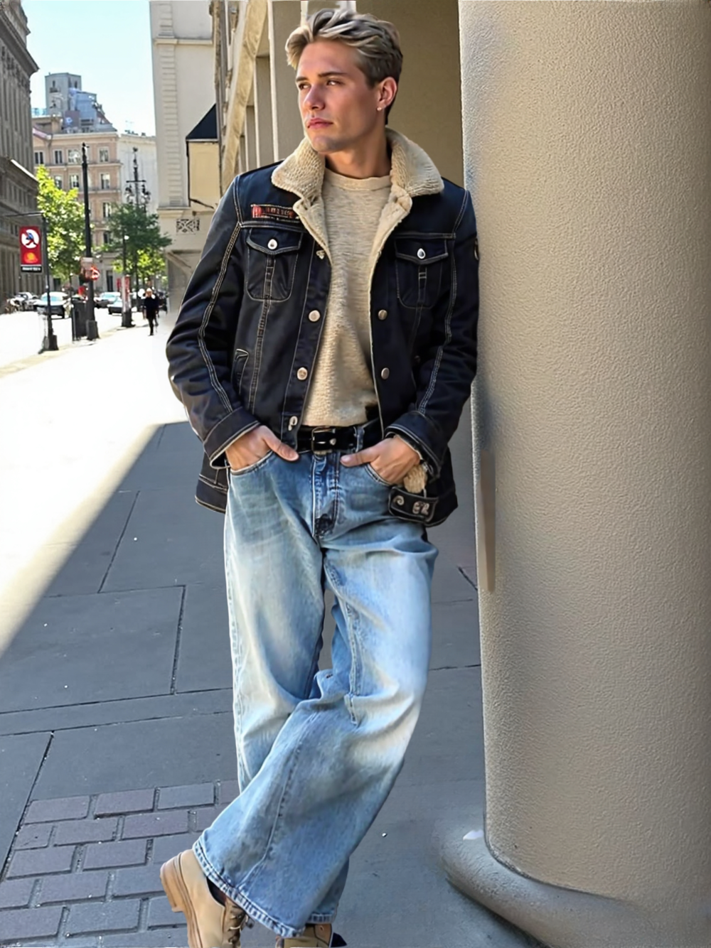 Mens Denim Jean Jacket in Black with Inner Faux Fur