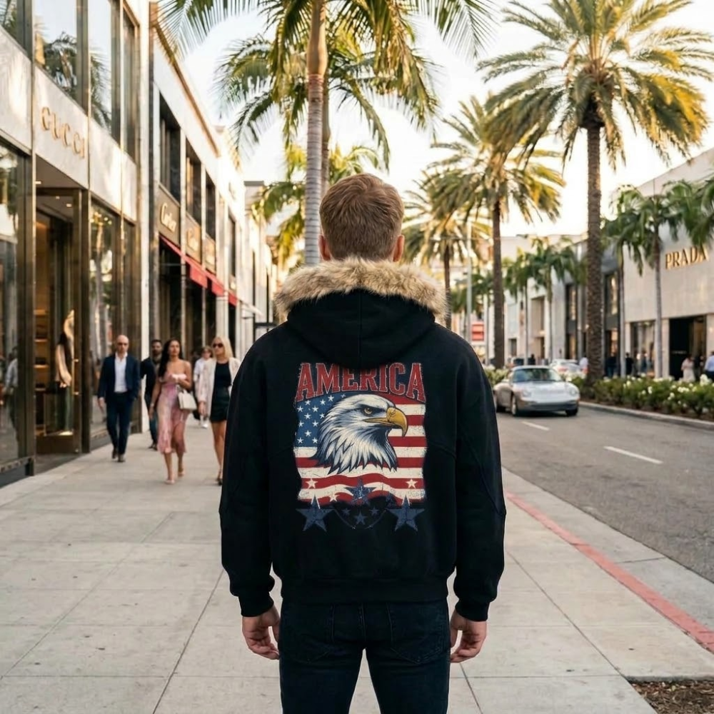 A man viewed from behind wearing a black hoodie with a large American flag eagle graphic and the word 'AMERICA' on the back, standing on a city sidewalk with palm trees and storefronts in the background.