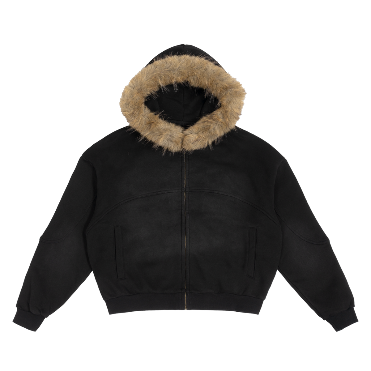 A black cropped zip-up jacket with a large tan faux-fur trimmed hood, shown flat against a solid white background.