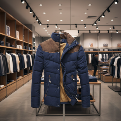 Mens Stand Collar Puffer Jacket in Navy Blue